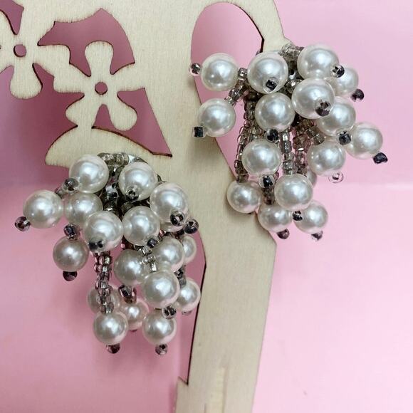 Vintage Pearl Cascade Earrings | Retro Clip-On Jewelry - Picture 3 of 5